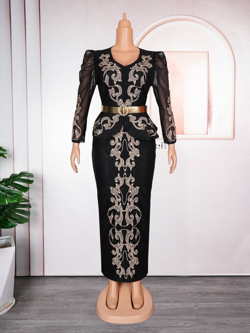 Vestido feminino plus size novo, luxuoso, com decote em V, lantejoulas e miçangas_voghion.com