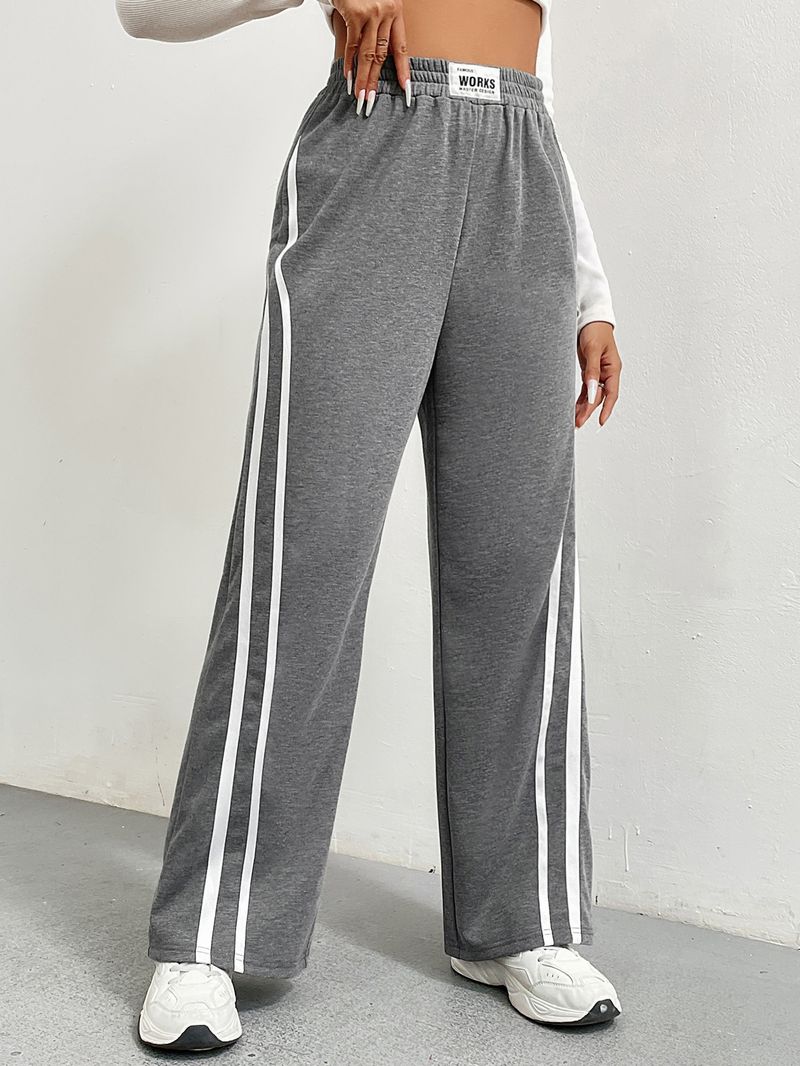 Damenmode-Sporthose mit hoher Taille, lockere, gerade, lässige Jogginghose, gestreifte Patchwork-Hose mit weitem Bein_voghion.com