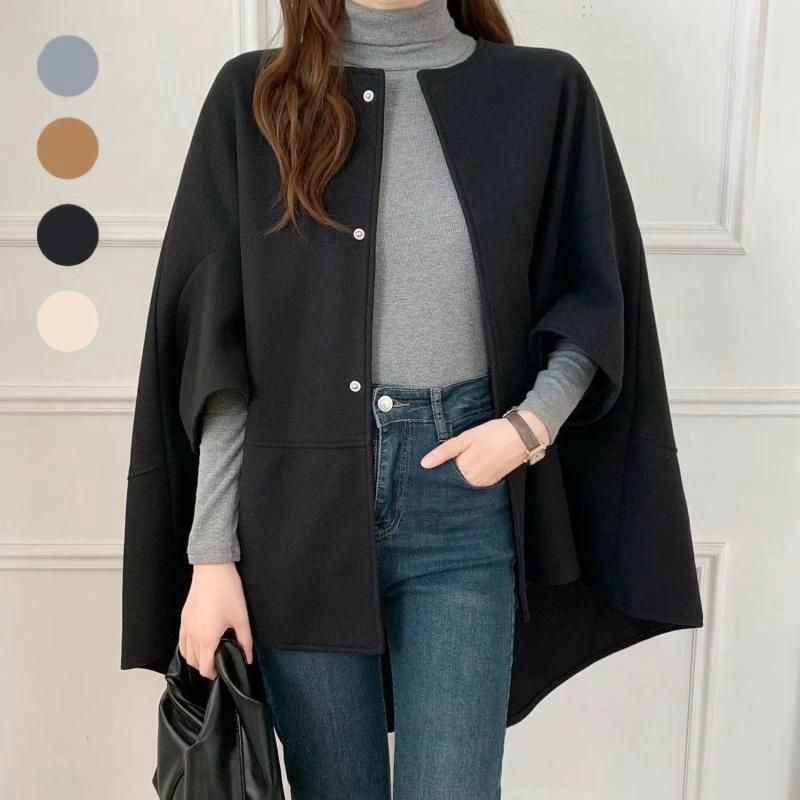 Elegant Batwing Sleeve Wool Cape Coat - Oversized Poncho Style For Women, Autumn Winter Fashion, Casual Loose Fit, Pure Color & Checkered Patterns_voghion.com