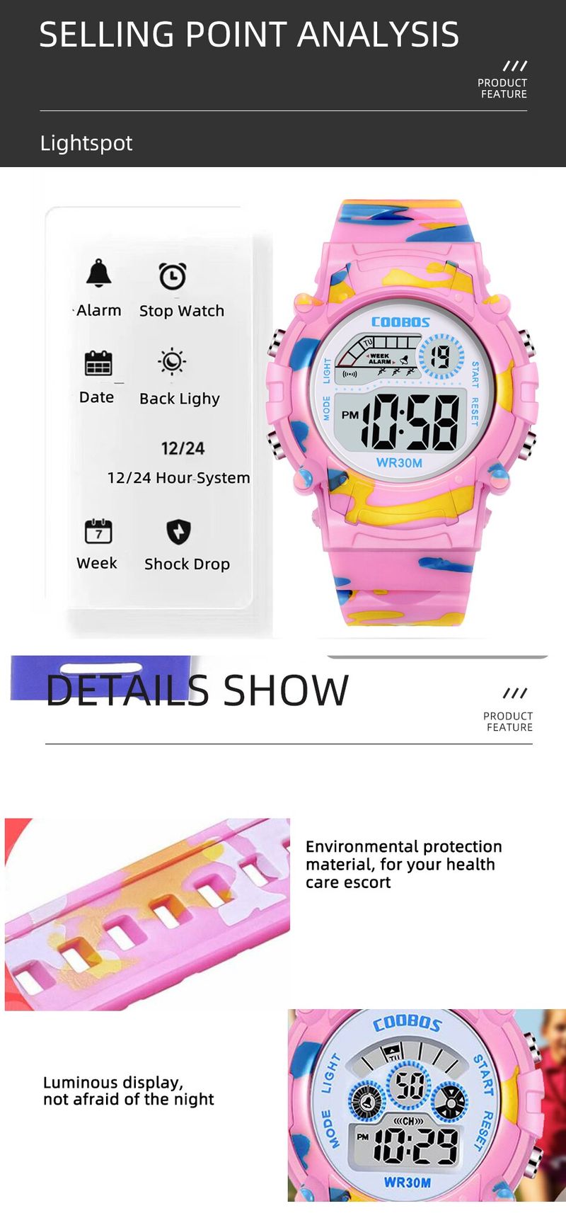 2024 Jungen Sport Militär Kinder Digitaluhren Student Kinderuhr Mode Leuchtende LED Alarm Camouflage Mädchen Uhr_voghion.com