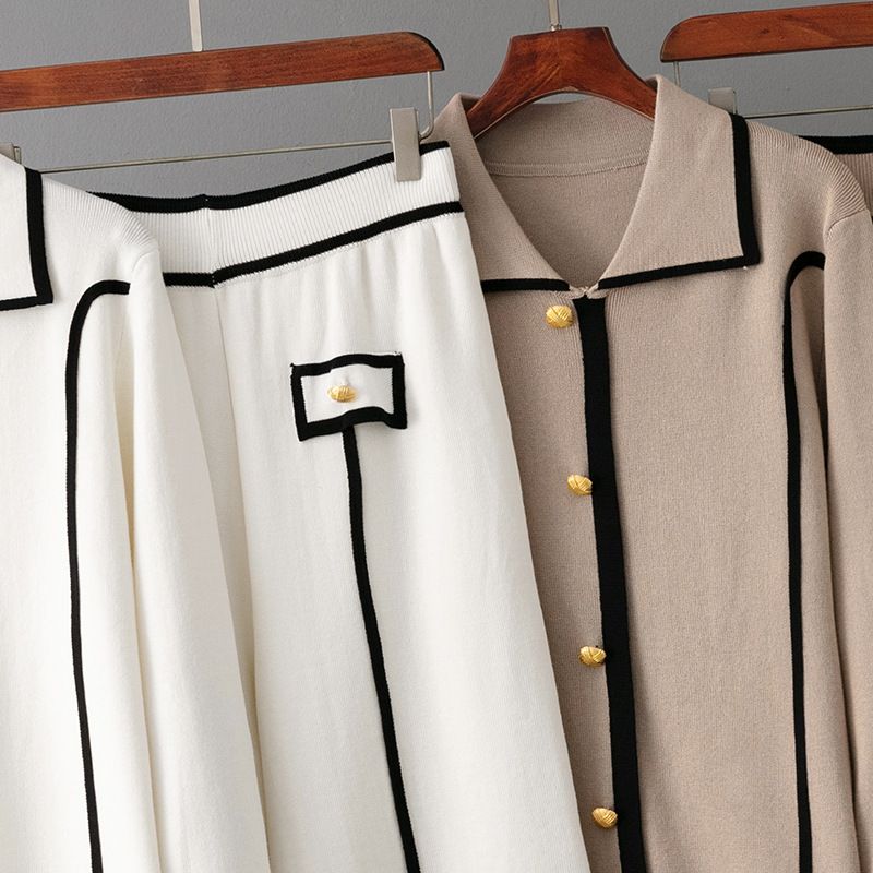 Knitted Autumn Winter Single-Breasted Polo Collar Sweater Casual Sports Wide-Leg Pants Two-Piece Set_voghion.com
