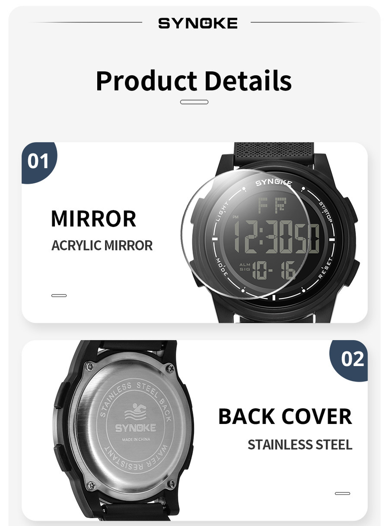 SYNOKE men's sports electronic watch, light and thin design, large screen luminous student watch, fashionable and simple_voghion.com