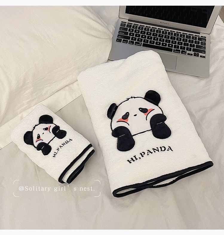 Panda Quick-Dry Hair Towel Three-Piece Set New Coral Fleece Shower Cap Bath Skirt Bathrobe Wearable Wrapable Adult_voghion.com