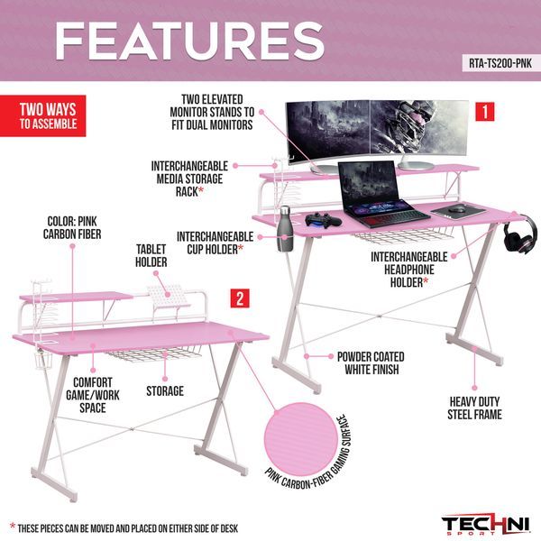 Techni Sport TS-200 Carbon Computer Gaming Desk With Shelving, Pink_voghion.com