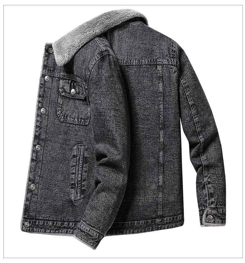 Giacca in denim con fodera in sherpa da uomo - Cappotto invernale con collo in pile e dettagli effetto consumato (nero/grigio, taglie slim e comode disponibili)_voghion.com