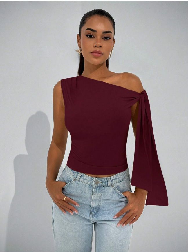 Ropa de mujer, novedad de verano 2025, moda urbana, corte entallado, lazo diagonal, color liso, sin mangas_voghion.com