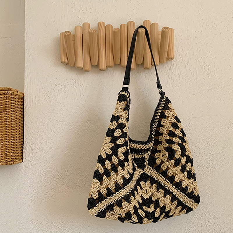 Borsa a tracolla di paglia intrecciata da donna popolare, borsa di medie dimensioni con manico per le vacanze al mare_voghion.com