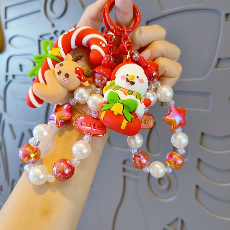 Nuovo portachiavi di Natale con ciondolo a forma di bambola, catena per telefono di Babbo Natale fai da te con ciondolo per borsa con perline fatto a mano_voghion.com
