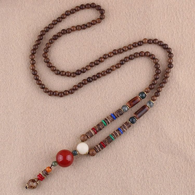 Collana lunga per maglione in stile etnico, ciondolo Bodhi, collana con perline di legno, accessori con ciondolo in cotone e lino per uomo e donna_voghion.com