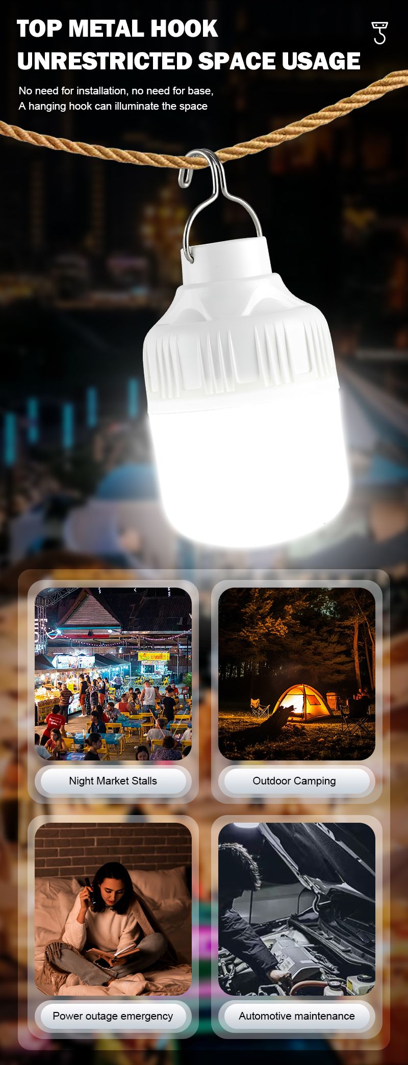 Bombillas LED recargables por USB para exteriores, luz de emergencia de alto brillo, para acampar, pescar, linterna portátil, luces nocturnas_voghion.com