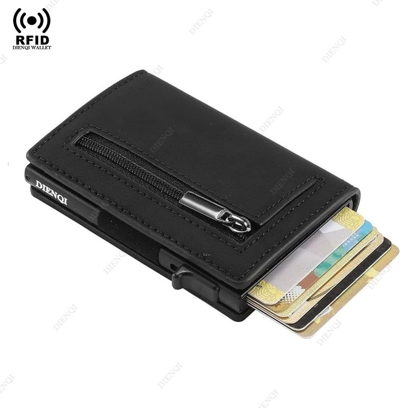 New Crazy Horse Leather Men's Wallet Automatic Pop Up Credit Card Box Ultra Thin RFID Anti Theft Card Holder Metal Card Holder_voghion.com
