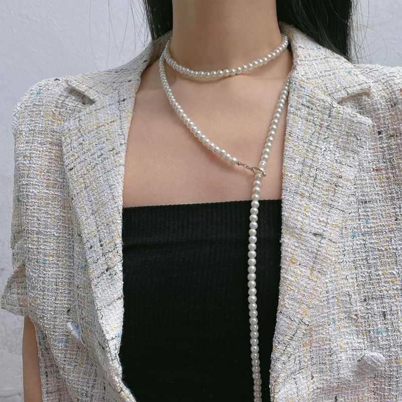 Colar longo de pérolas minimalista casual francês para mulheres, suéter versátil com borlas multicamadas e corrente de pescoço em camadas_voghion.com