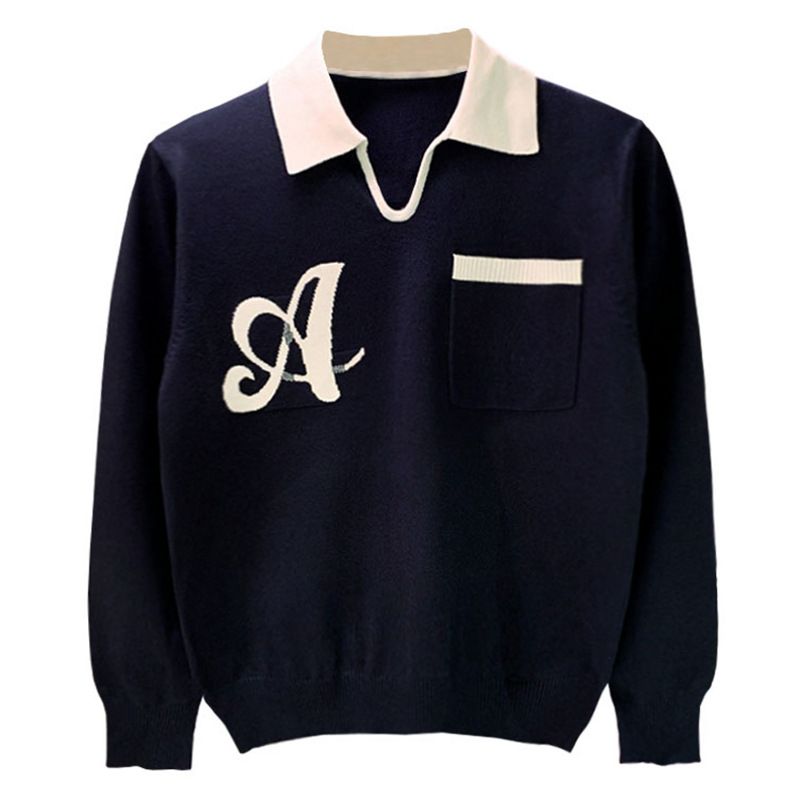 2025d Trendy Turn-down Knit Sweater Top Autumn Winter New Style Personality Color-block Collar Polo Shirt Men's Long Sleeve_voghion.com