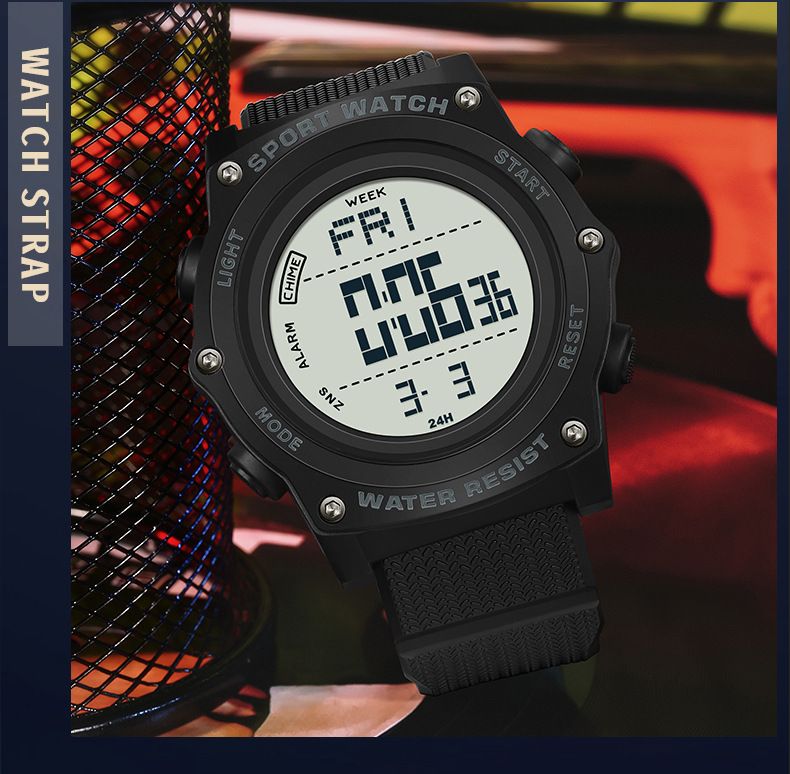 Montre de sport numérique multifonction, étanche, rétroéclairage LED, alarme et chronomètre, design unisexe pour un usage quotidien. Montre électronique étanche._voghion.com