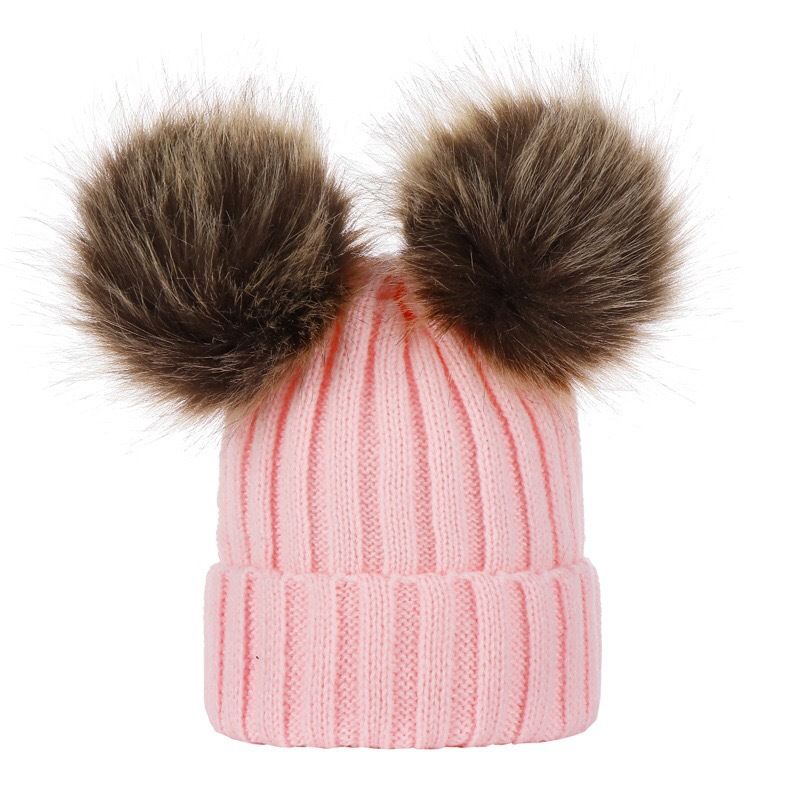 Autumn Winter Women's Parent-Child Knitted Wool Double Pom-Pom Pullover Hat_voghion.com