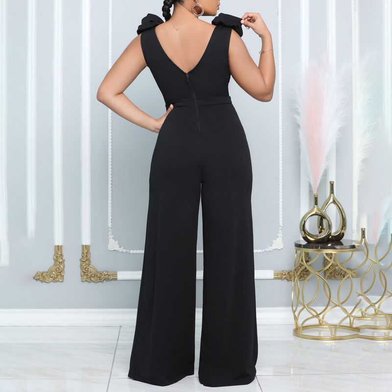 Damenbekleidung V-Ausschnitt sexy Hose mit weitem Bein einfarbig High-Neck ärmellose Taille Overall_voghion.com