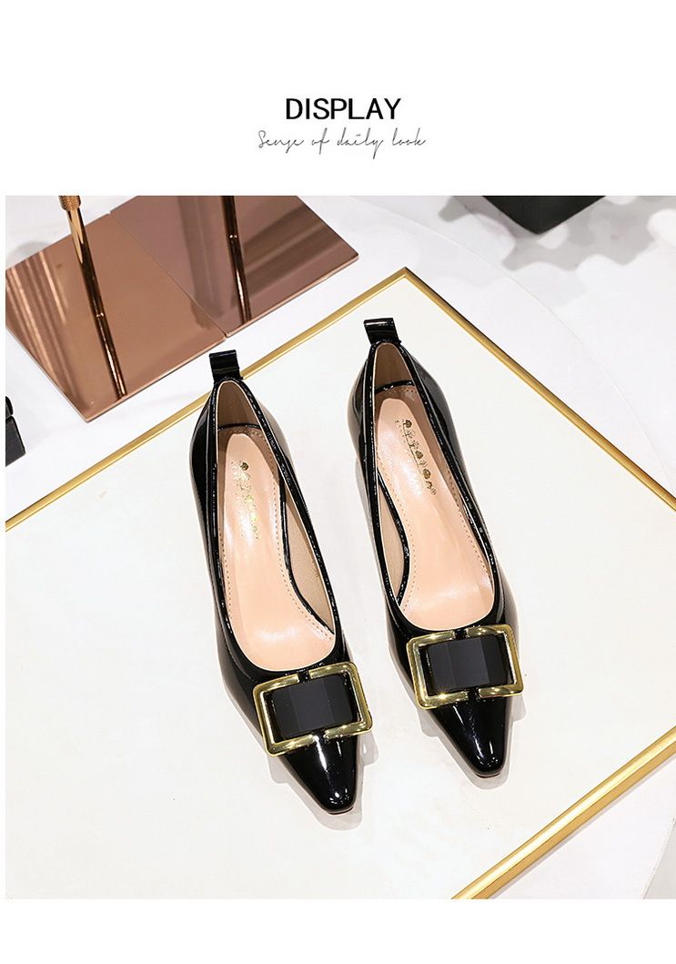 Women's shoes with thick patent leather shallow mouth small square head metal buckle decorative spring and autumn single shoes_voghion.com