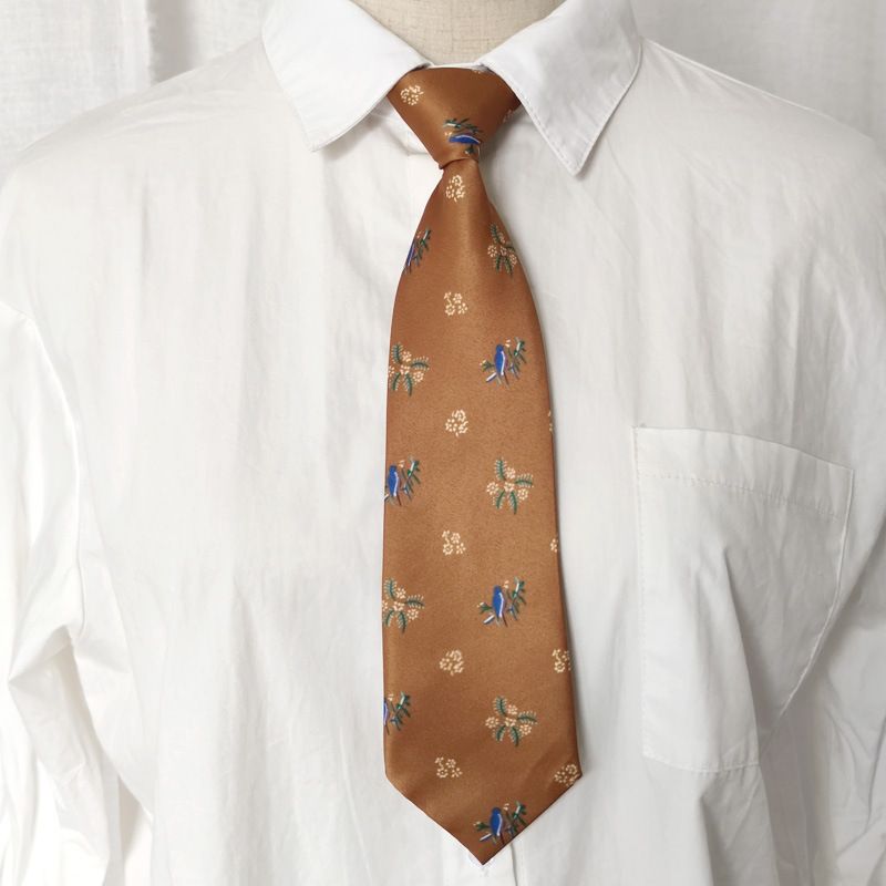 Set di cravatte fatte a mano senza ago, tessuto con stampa di uccelli e picchi color giallo terroso, camicia coordinata alla moda, ampia uniforme_voghion.com