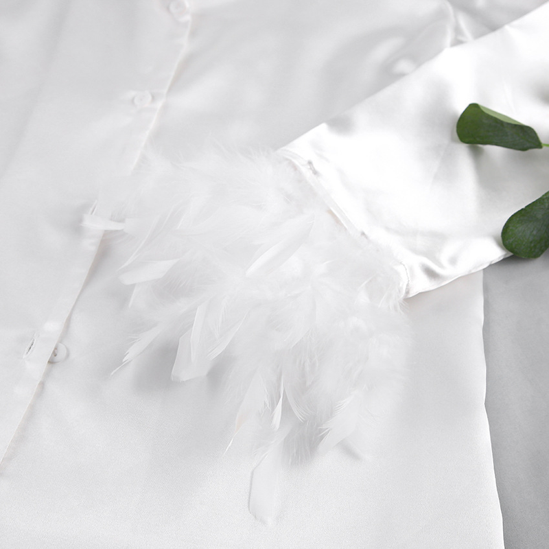 Women's Sleepwears Ice Silk Pajamas Fashion Ostrich Feather Shirt Trousers Loose Two piece Feather Home Clothes Women_voghion.com