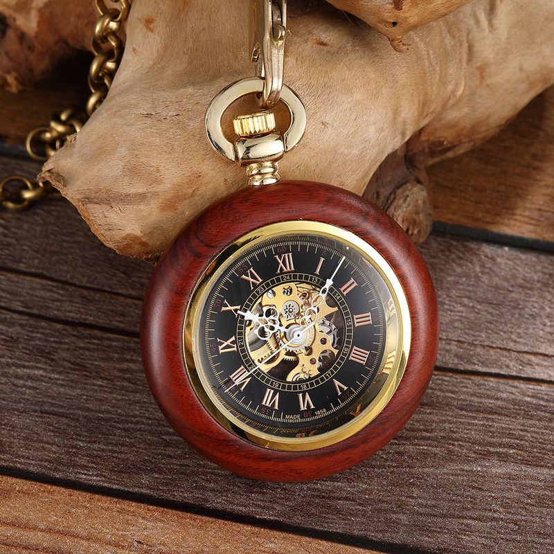 New Red Copper Roman Scale Wood Grain Straight Board Without Cover Manual Mechanical Pocket Watch_voghion.com
