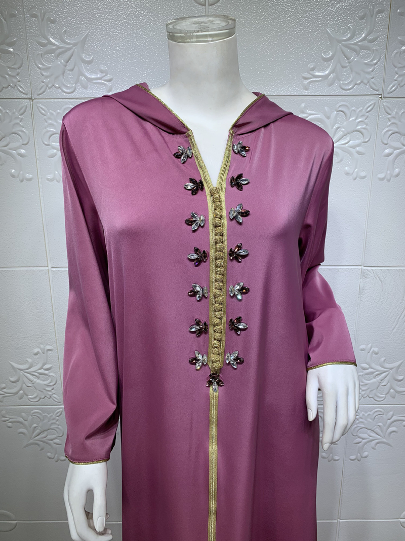 Vestido muçulmano feminino de cetim com contas abaya Dubai leve vestido de noite étnico luxuoso_voghion.com