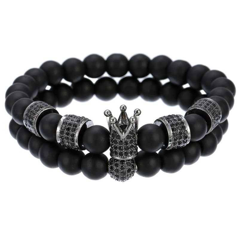 Schwarzes, mattes Armbandset mit Diamantkugeln, vier Perlenrädern, Armband mit hoher Krone, Armbandset_voghion.com