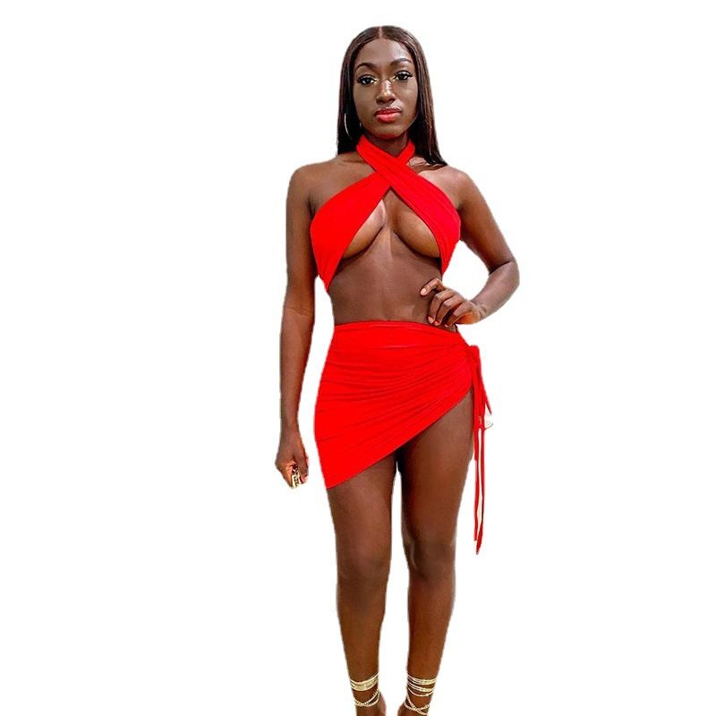 Women's Clothing 2025 Spring Summer New Solid Color Halter Cross V-neck Sleeveless Crop Top Backless Ruched Short Skirt_voghion.com