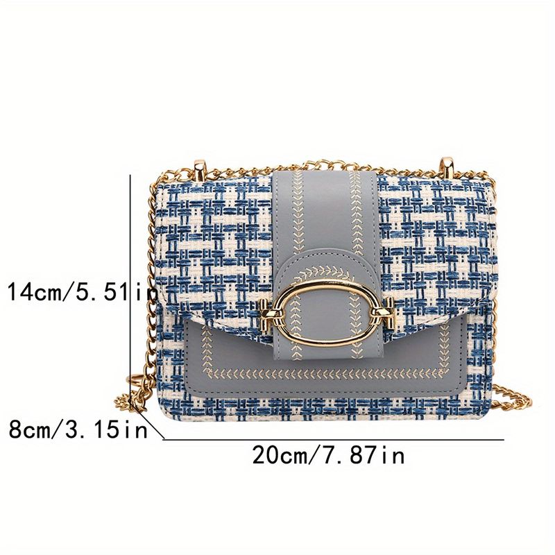 Mini Plaid Pattern Tweed Buckle Decor Shoulder Square Bag, Chain Crossbody Flap Purse For Everyday_voghion.com