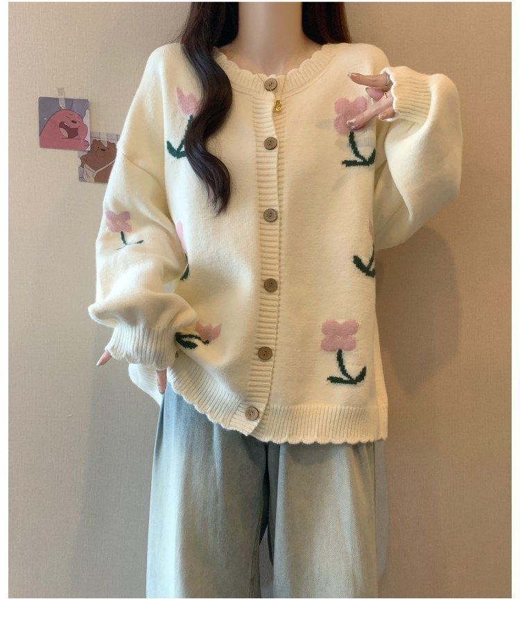 Cardigan brodé oversize – Pull ample en maille fleurie (vert/rose/crème, taille unique)_voghion.com