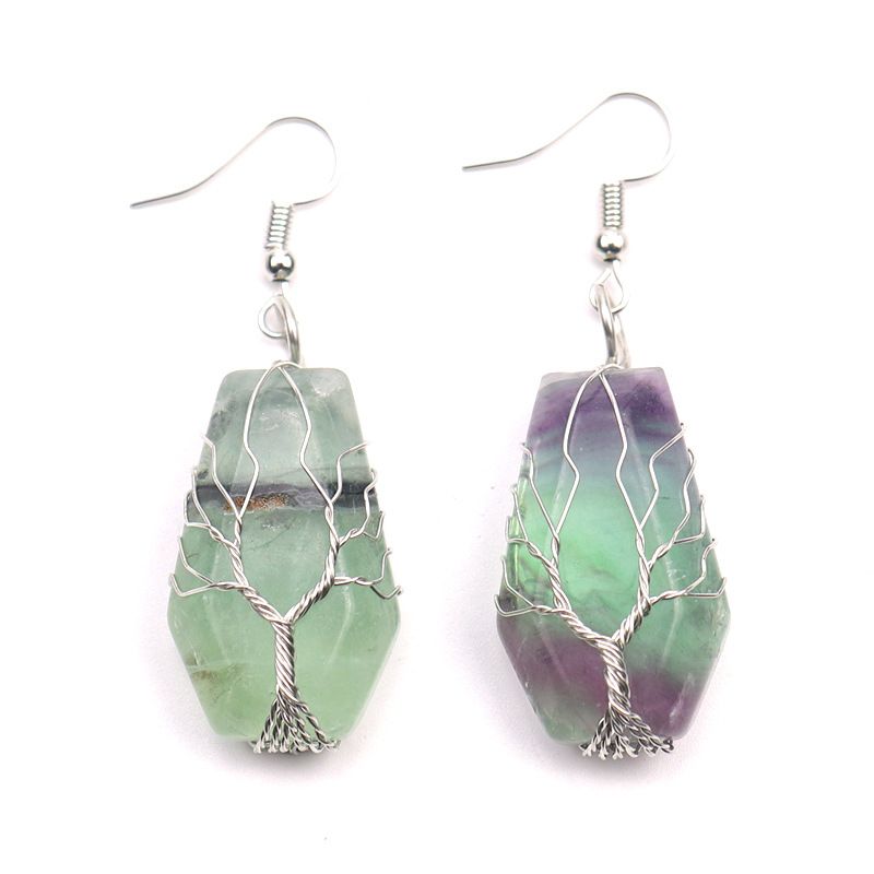 New Handmade Silver Winding Tree Of Life Natural Stone Crystal Agate Coffin Board Earrings Earrings E23_voghion.com