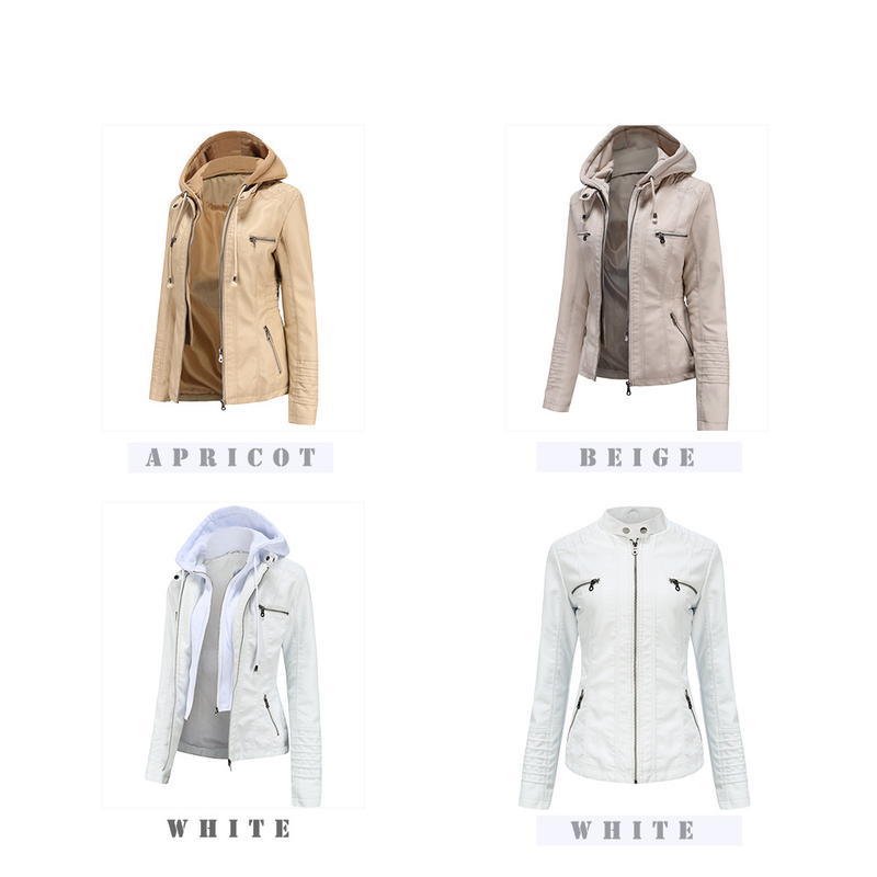 Giacca in pelle con cappuccio da donna, set da due pezzi, staccabile, di grandi dimensioni, in pelle PU lavata da donna_voghion.com