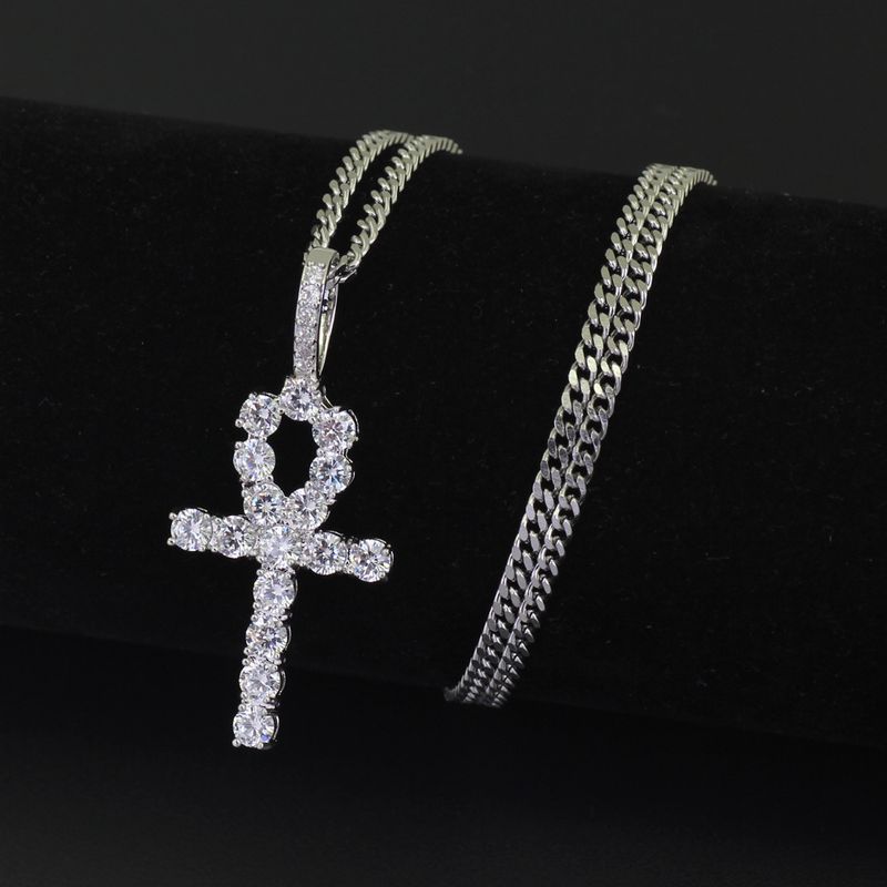 Collana da uomo con ciondolo a forma di croce egizia Ankh con micro pavé di zirconi e catena cubana da 4 mm in stile hip-hop_voghion.com