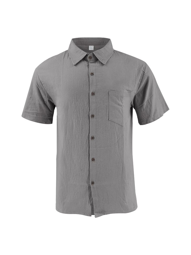 Camicia da uomo in lino a maniche corte, casual, traspirante, con bottoni, per le vacanze estive in spiaggia, con tasche_voghion.com