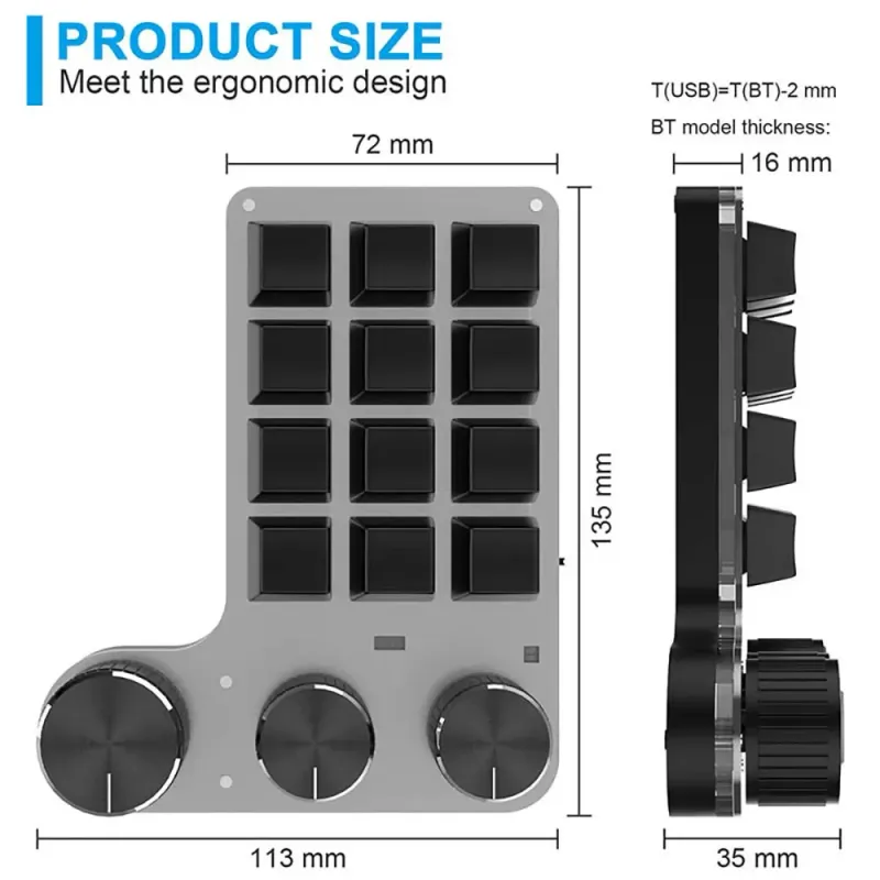 Mini tastiera Bluetooth con programmazione personalizzata, tastiera RGB a 3 manopole, 12 tasti, copia e incolla, tastiera da gioco Photoshop, meccanica, hotswap_voghion.com