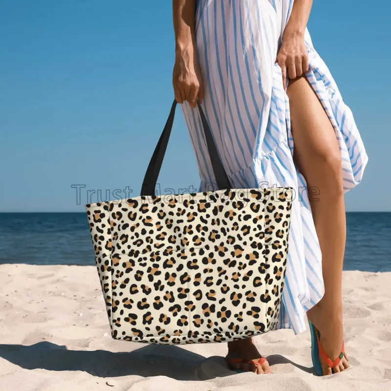 Leopard Print Large Waterproof Beach Women Sandproof Tote Pool Bag With Zipper And Pockets For Travel Vacation Gym_voghion.com