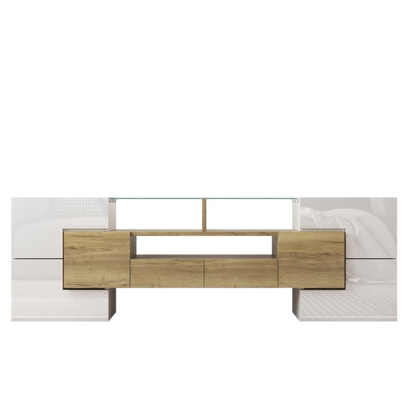 Meuble TV moderne, buffet bas blanc brillant de 145 cm avec éclairage LED, surface en verre élégante, mobilier de salon contemporain_voghion.com