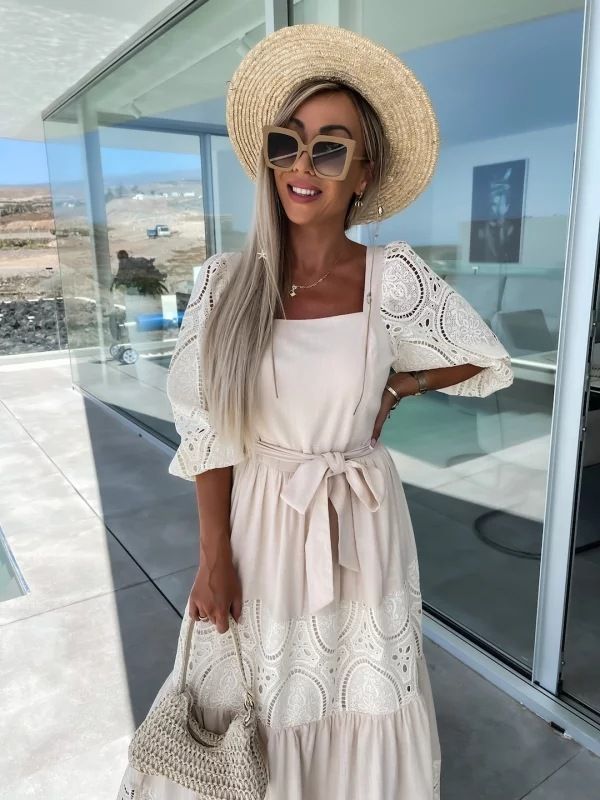 2024 verkäufe Neue Spitze Patchwork INS Casual Lose Taille Binden Up Kleid Für Frauen_voghion.com