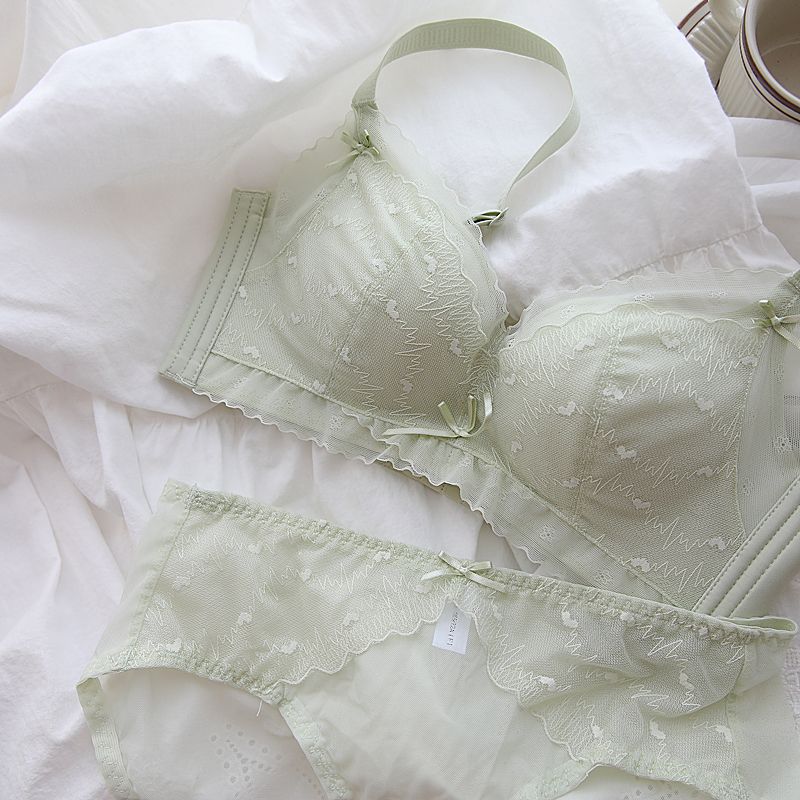 Mädchenhaft, sanft und cool ~ Französischer Stil Herzspitze Push-up-BH-Set für kleine Oberweite, kabellos, Modal, für Damen_voghion.com