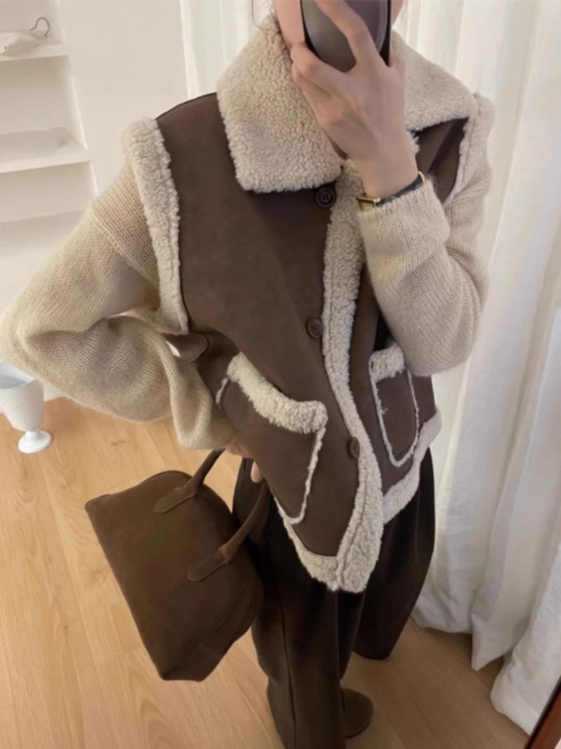 2024 nouvelle veste courte décontractée en fourrure noire une pièce avec daim, poils d'agneau, gilet pour femme_voghion.com
