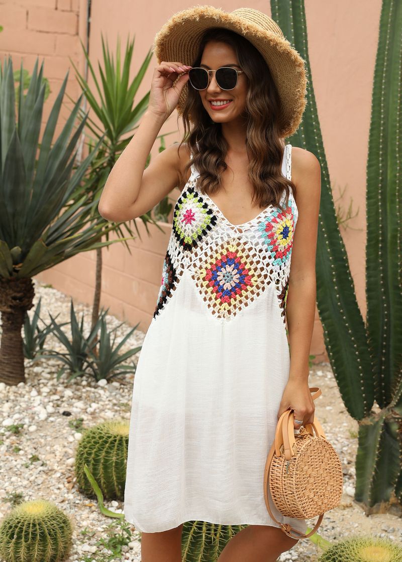 Camicetta da spiaggia con camicetta patchwork di fiori all'uncinetto da donna_voghion.com