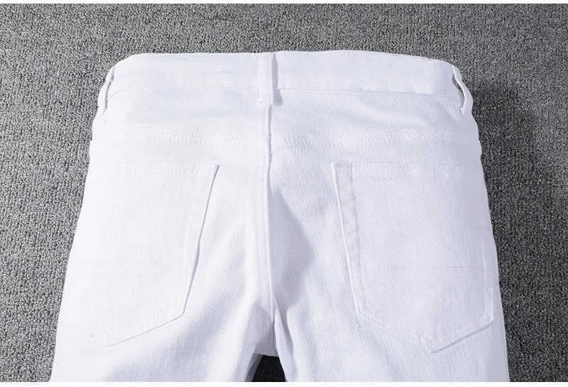 Jeansy Sokotoo Męskie białe, rozciągliwe, zgrywanie jeansy motocyklowe Slim, obcisłe, plisowane, patchworkowe spodnie jeansowe T221102_voghion.com