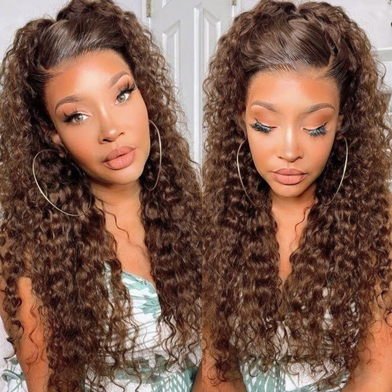 Pelucas frontales de encaje de color marrón chocolate de 13 x 4, pelucas de cabello humano con ondas profundas y frente de encaje, peluca frontal de encaje rizado, cabello humano de color para mujeres_voghion.com