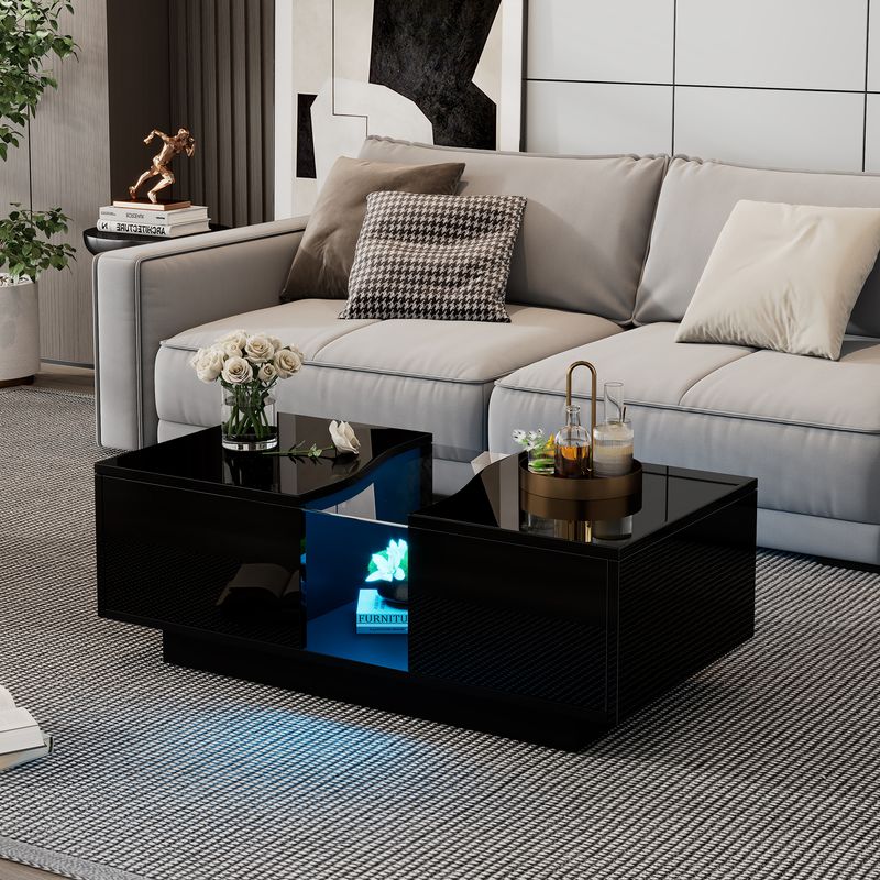 Table basse moderne à LED avec 2 tiroirs, 100 x 50 x 35 cm, plateau en acrylique noir brillant avec éclairage LED, table d'appoint en MDF pour salon et chambre._voghion.com