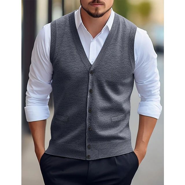 Herrenweste im Slim Fit aus Wollmischung, lässige ärmellose Strickjacke für alle Jahreszeiten, zweireihige Weste mit V-Ausschnitt in Unifarben_voghion.com