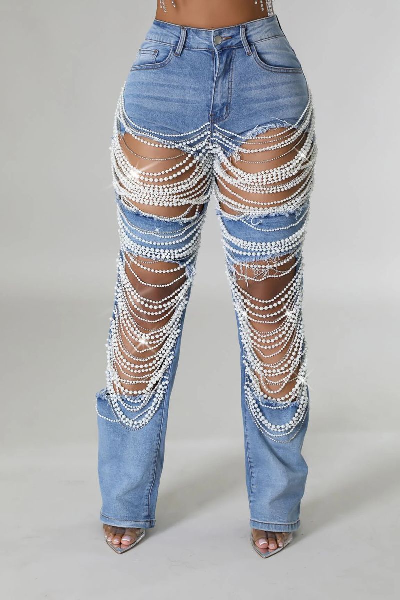 Women's Clothing Hot Girl Summer Pants Holes Heavy Beaded Beaded Stretch Jeans Trousers Women Jeans_voghion.com