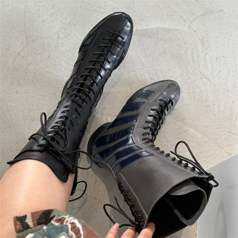 Damen Boxstiefel Modisch 2025 Herbst Winter Neue Coole Boxstiefel Ding Version Schnürung Patchwork Gestreifte Oberschicht Rindsleder Rein_voghion.com
