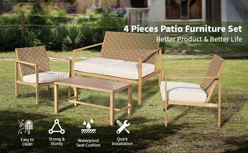 4 Pieces Metal Patio Furniture Set, Hand-Made Drawstring Outdoor Patio Conversation Sets Outside Loveseat With Soft Cushion For Garden, Backyard, Porch, Poolside_voghion.com