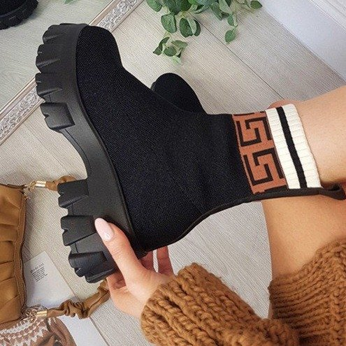 Große schwarze Martin-Stiefel für Damen, Herbst- und Winter-Strickstiefel mit rundem Kopf, Polyurethan-Ärmelsocken, Stiefel für Damen_voghion.com