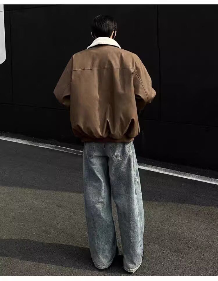 Men's Shearling-Lined Bomber Jacket – Winter Leather-Look Coat With Thick Fleece (M-5XL, Polyester, Coffee/Charcoal, Anti-Wind Zip Front)_voghion.com