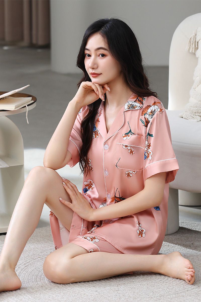 Pyjama d'été pour femme, short à manches courtes en satin glacé, sensation de soie, revers fin et frais, ensemble de vêtements d'intérieur_voghion.com
